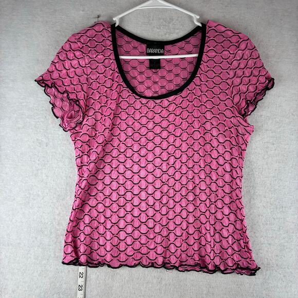 Vintage Baranda Y2K Pink Mesh Scallop Dot Print Sheer Stretch Top Retro Club MED - Picture 1 of 9